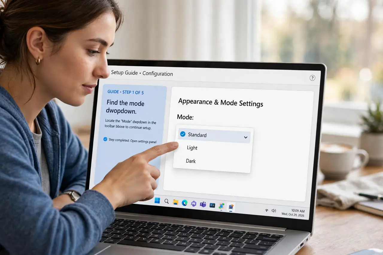 A person doing the guide's first step: Find the mode dropdown.