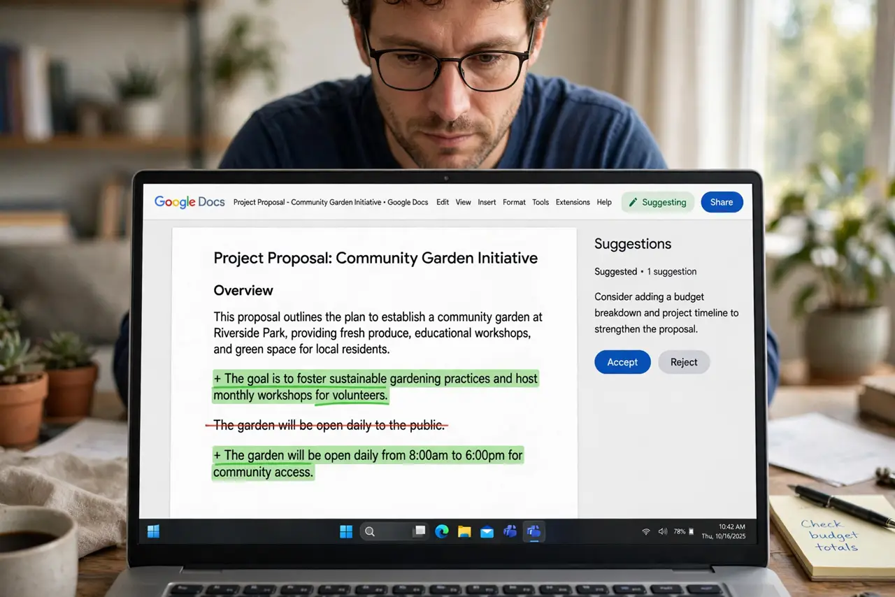A person reviewing a document on a real laptop screen showing Google Docs in suggesting mode with colored suggestion markup legible, the person's face focused, home office.