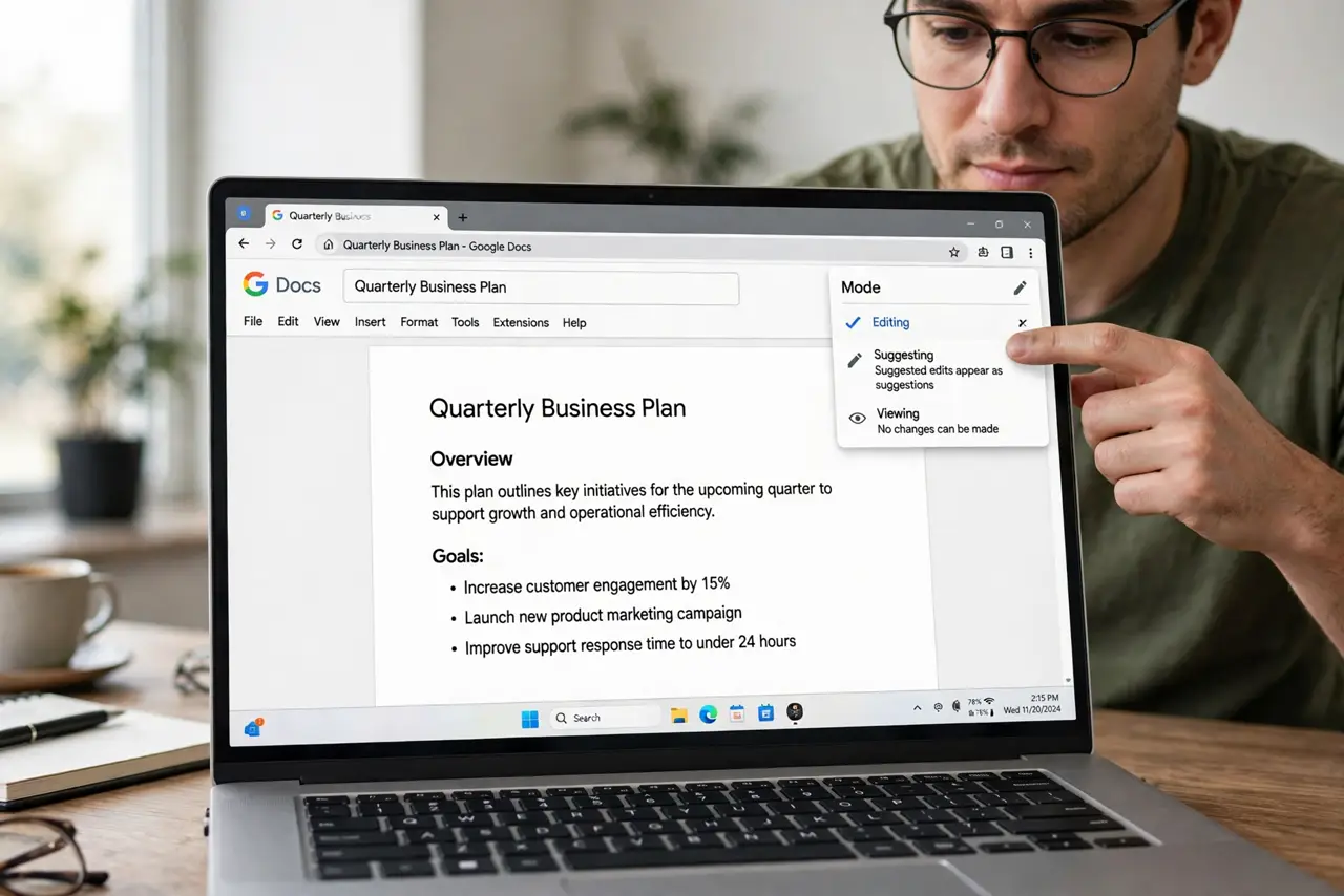 Step 1 in action for Suggesting vs Editing Mode in Docs: Find the mode menu. Look at the top-right corner of Google Docs for the pencil icon.