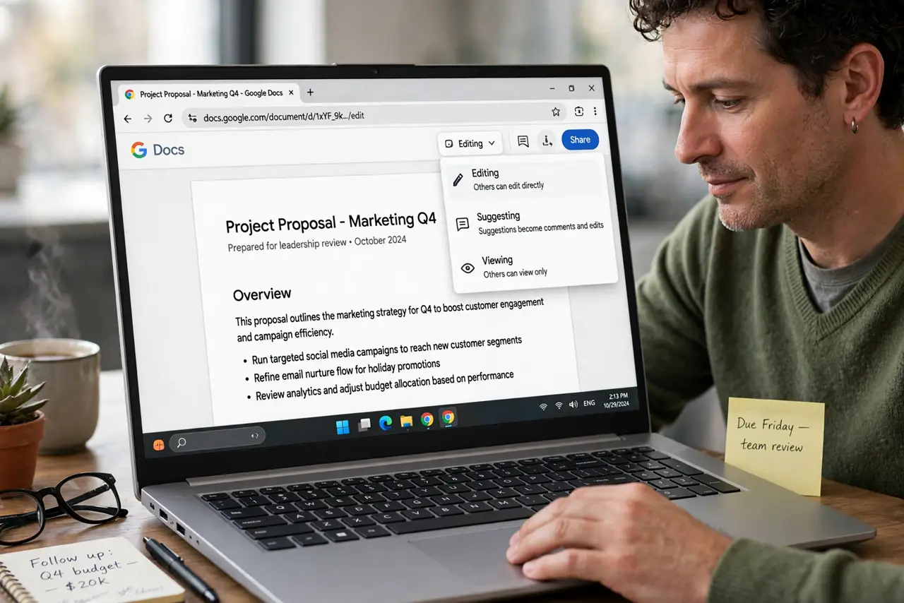 Suggesting vs Editing Mode in Docs — a calm adult switching between Suggesting and Editing mode in Google Docs on a real laptop, the mode menu open
