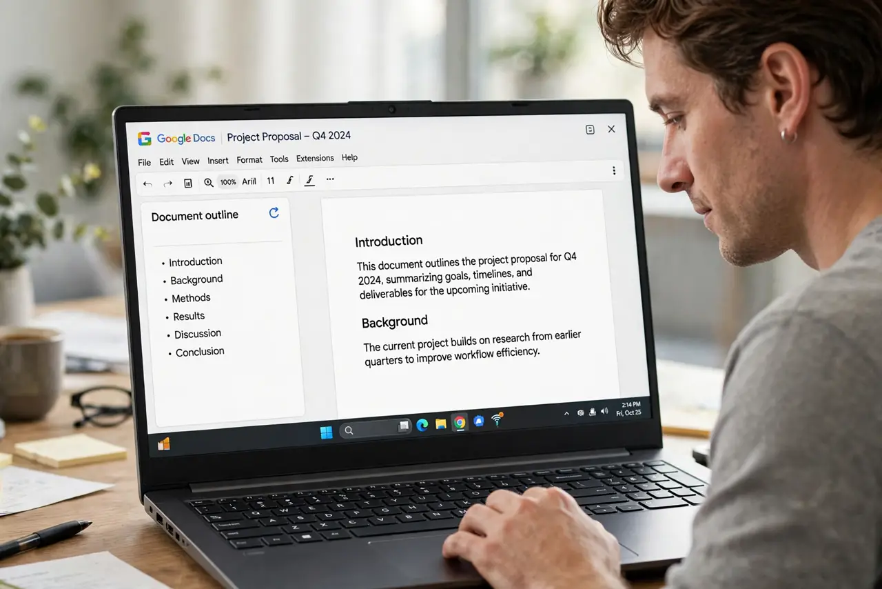 Table of Contents Outdated in Docs — a calm adult refreshing a table of contents in Google Docs on a real laptop, the TOC with fully legible headin