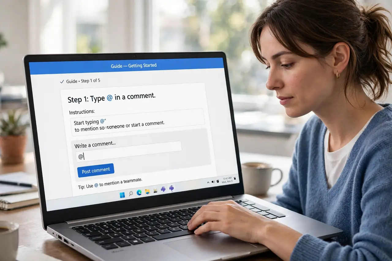 A person doing the guide's first step: Type @ in a comment.