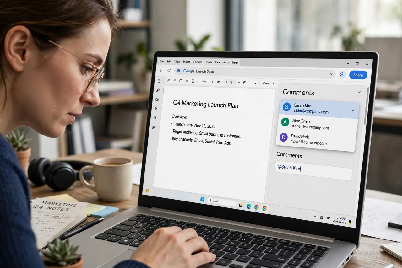 A person tagging a colleague in a comment on a real laptop screen showing Google Docs with an @-mention dropdown legible, the person's face focused, office desk.