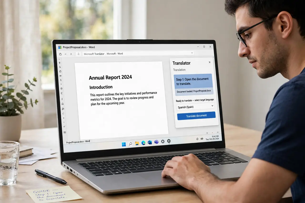 A person doing the guide's first step: Open the document to translate.