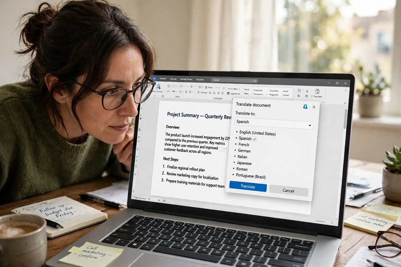 A person at a desk looking at a real laptop screen showing a document with a translate dialog open and legible language options, the person's face curious and focused.