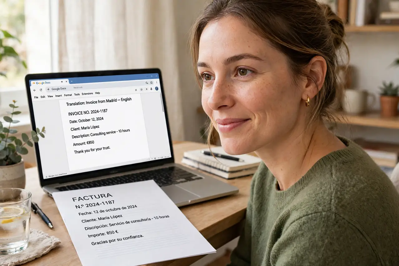 a person translating a real foreign document in Google Docs with the legible translated copy beside the original, the person's face relieved, home office.