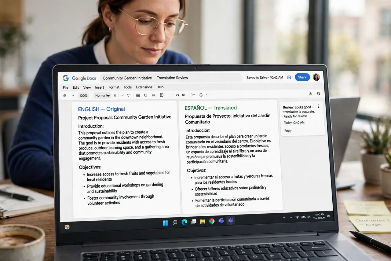 Translate a Doc Without Losing Formatting — a calm professional reviewing a translated document in Google Docs on a real laptop, both language versions wi