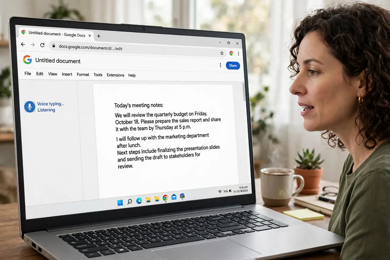 Docs Voice Typing Ignores Punctuation — a calm adult dictating into a real laptop with Google Docs open, the microphone icon active and dictated text
