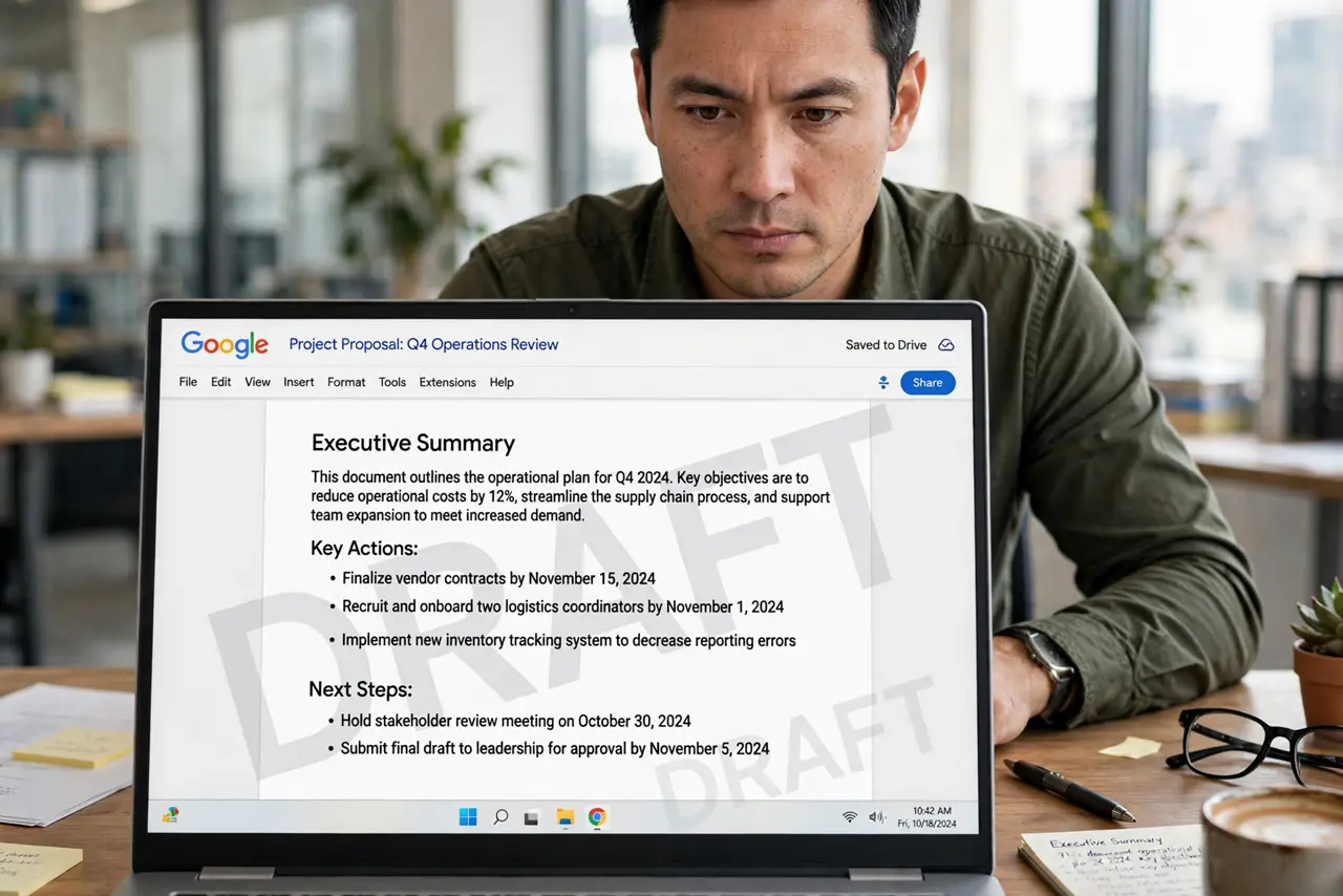 An adult at a desk using a real Windows laptop showing a Google Doc with a faint DRAFT watermark behind the text fully legible, the person's face serious, office.