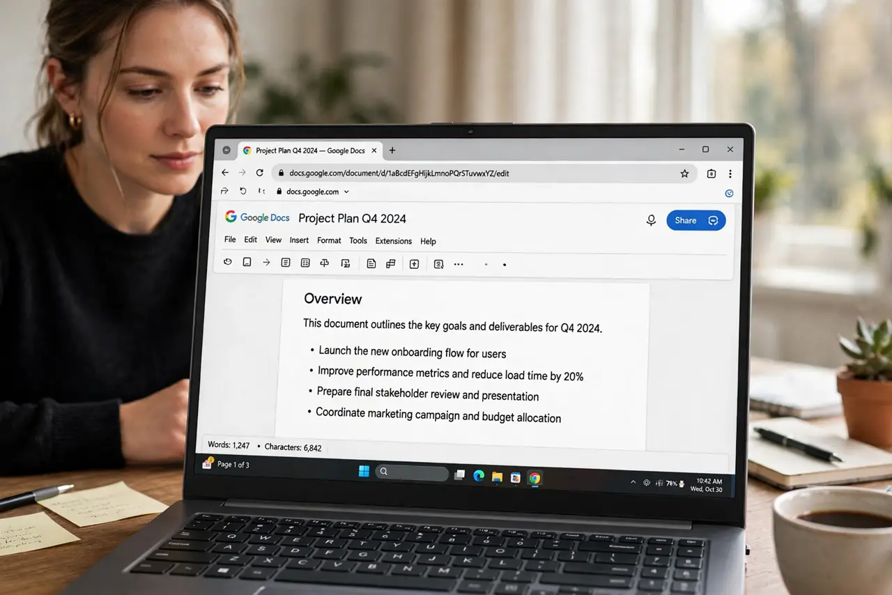 A person performing the first step: Open the document in Google Docs. The live counter is a Docs-on-the-web feature. Open the document in a desktop browser.
