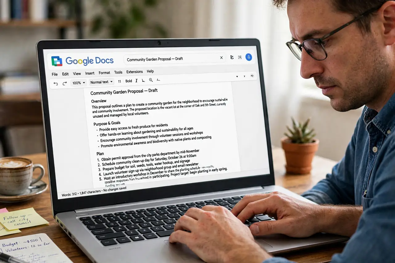 A focused adult typing on a real laptop showing a Google Docs document with text fully legible and a small word count box visible at the bottom, the person's face concentrated, home desk.