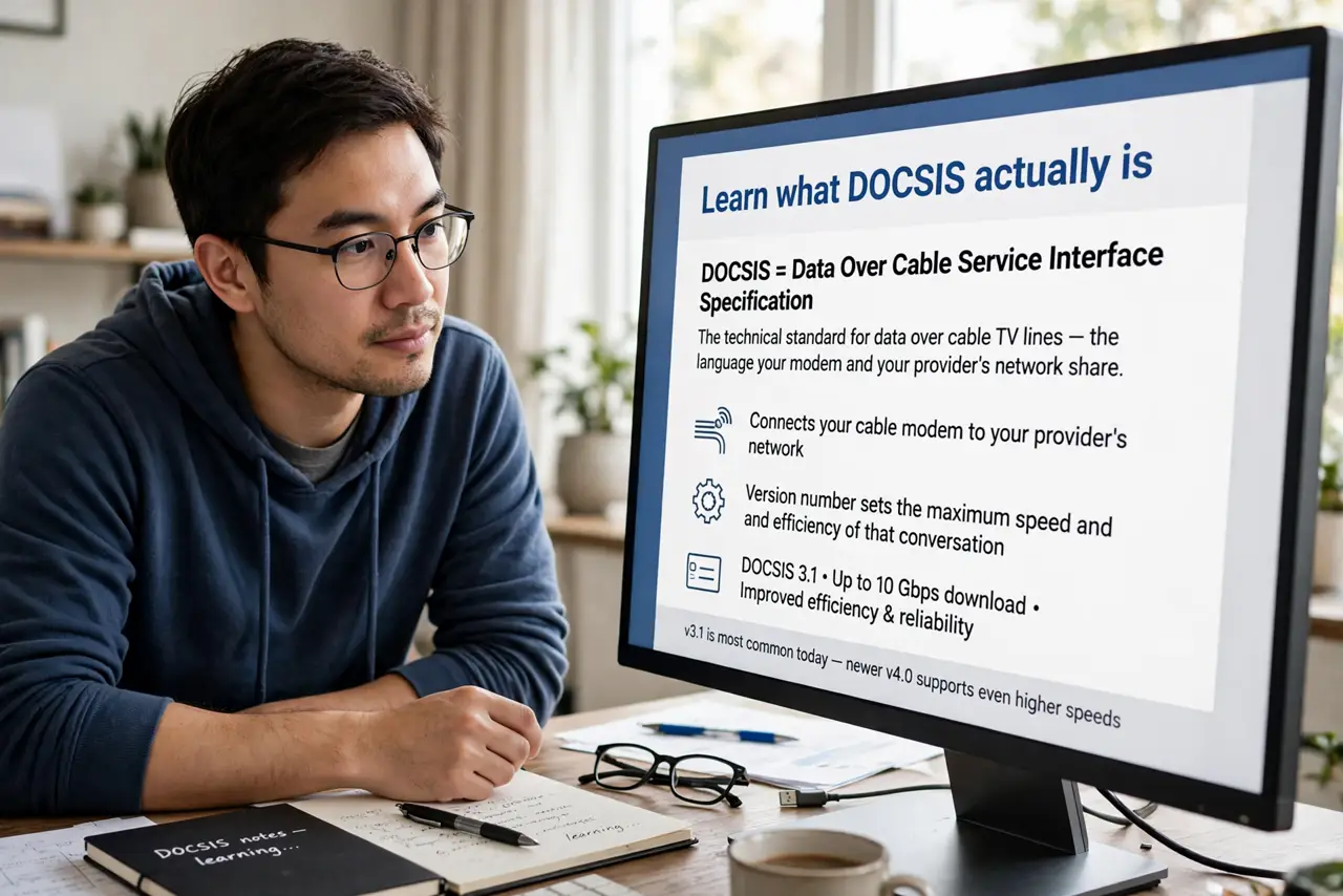 A person performing the first step of the guide: Learn what DOCSIS actually is. It is the technical standard for data over cable TV lines — the language your.