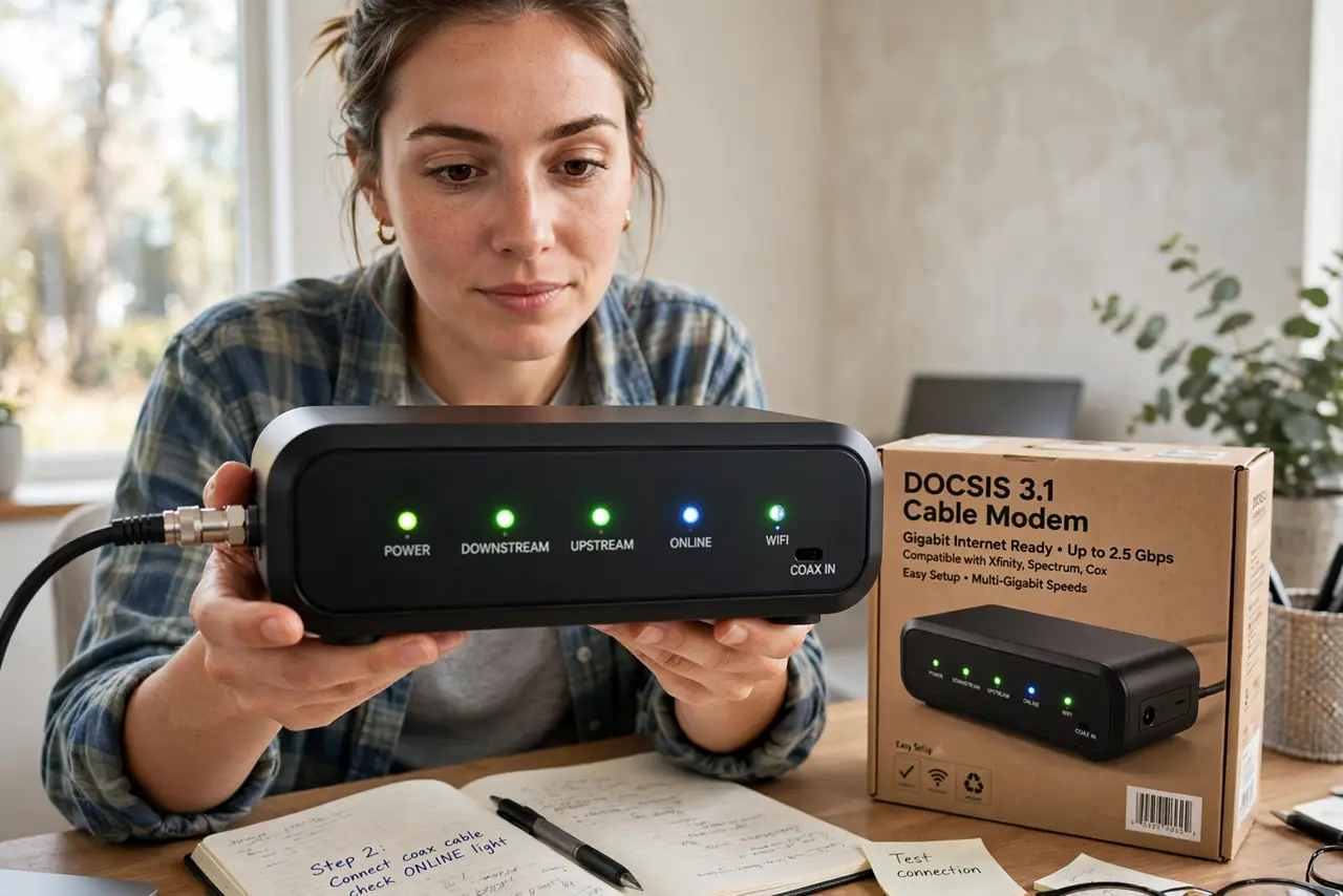A person holding a real cable modem with coaxial cable connected, status lights clearly visible, next to its retail box showing DOCSIS 3.1 labeling.