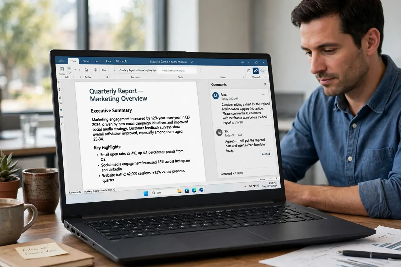 a calm adult at a desk with a real Windows laptop showing a document on the real screen with a comments pane open, comment text legible. No black screen, no bla