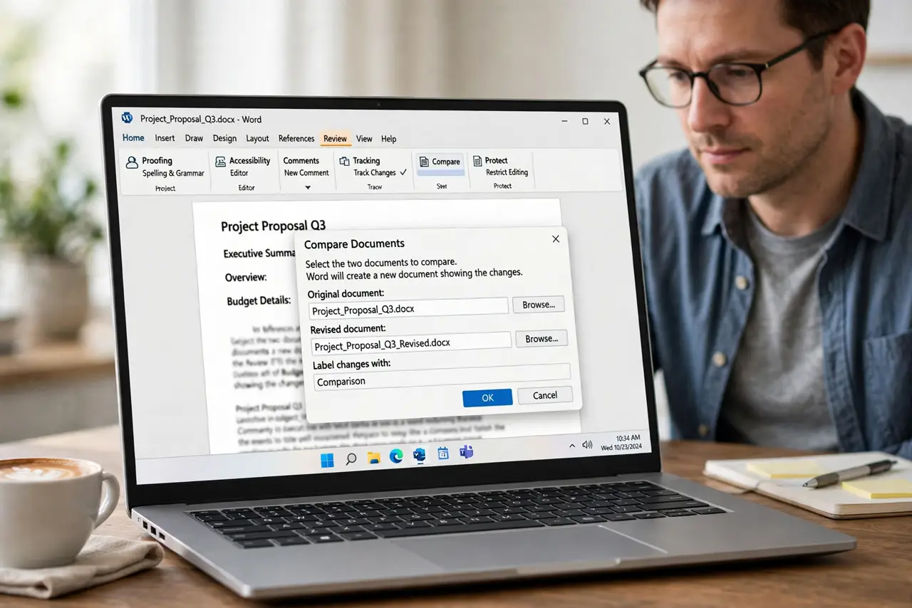 A person performing step 1 of the guide: Open the compare feature. Find Compare in the review or tools menu of your word processor. It asks for two files, not one.