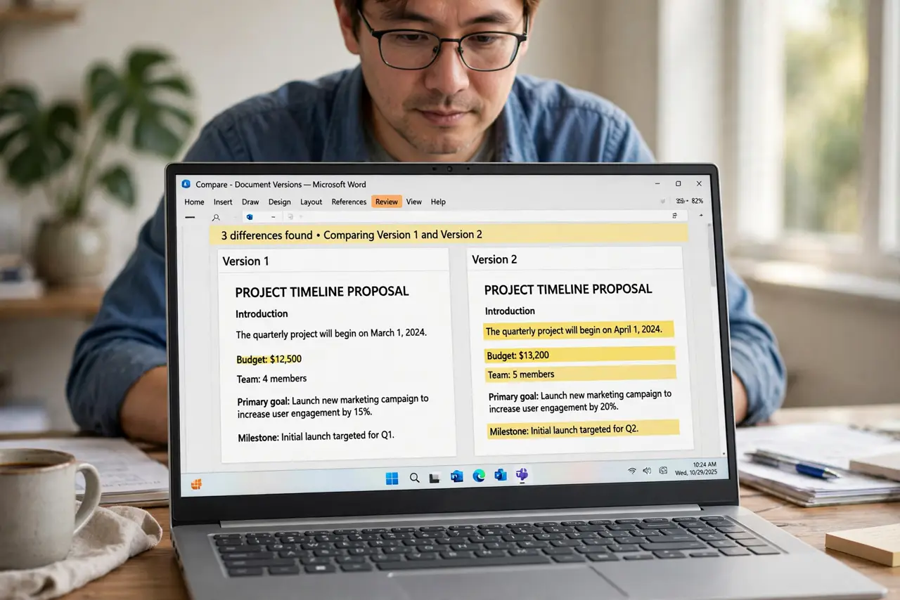 a calm adult at a desk with a real Windows laptop, the screen showing two document versions side by side with fully legible highlighted differences, the person comparing them. No black screen, no blank white screen, n...