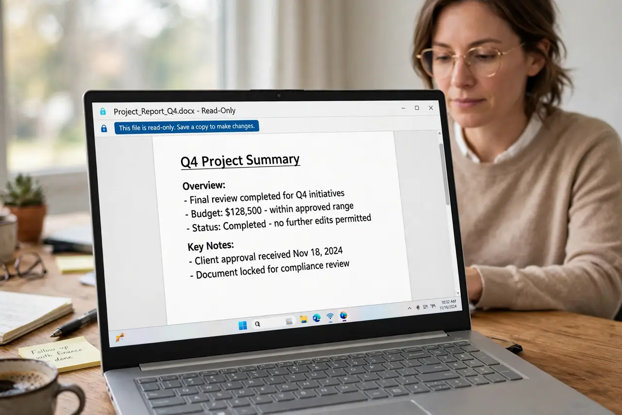 a calm adult at a desk with a real Windows laptop showing a document on the real screen with a file-locked or read-only notice visible. No black screen, no blan