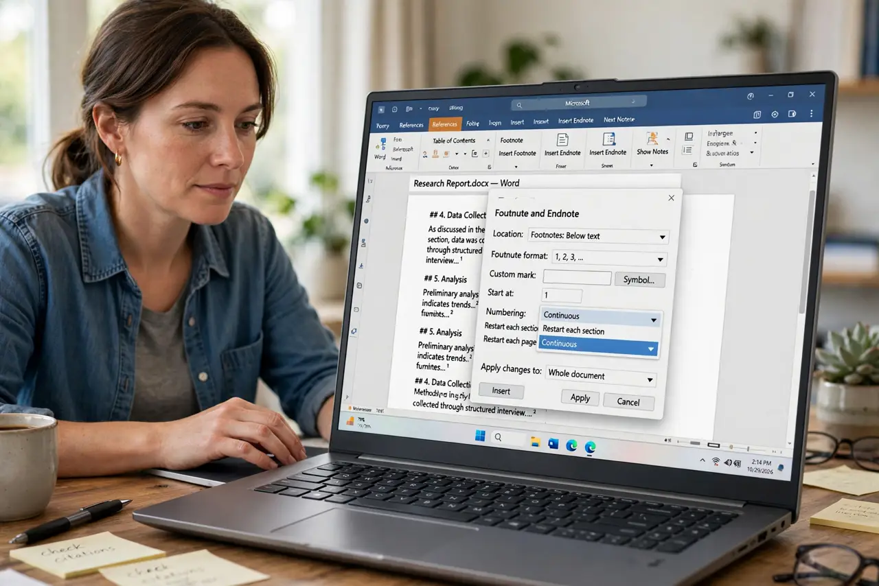 A person performing step 1 of the guide: Open the footnote settings. Find the footnote options dialog in your word processor. The numbering choice, continuous or restart, lives there.