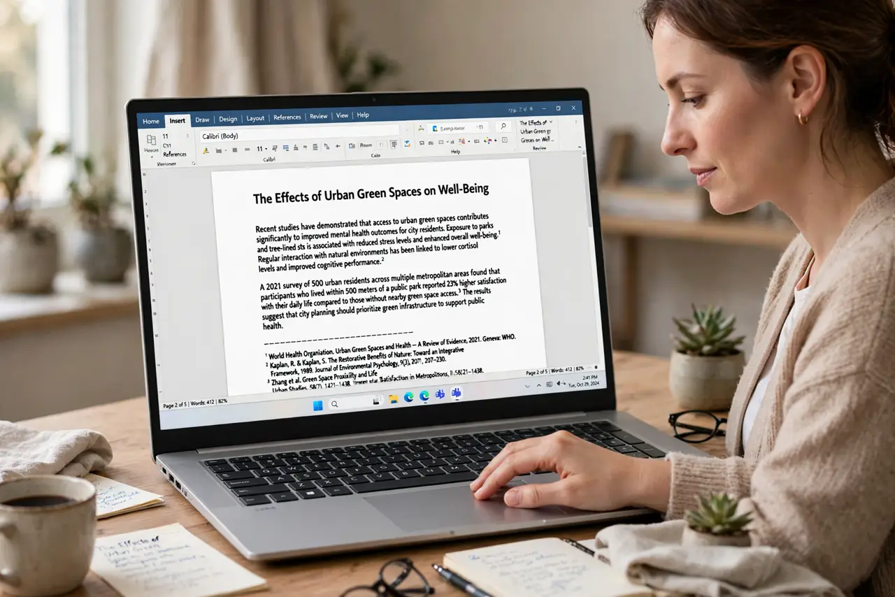 a calm adult at a desk with a real Windows laptop, the screen showing a document with footnotes and fully legible footnote numbers, the person scrolling through pages. No black screen, no blank white screen, no fake o...