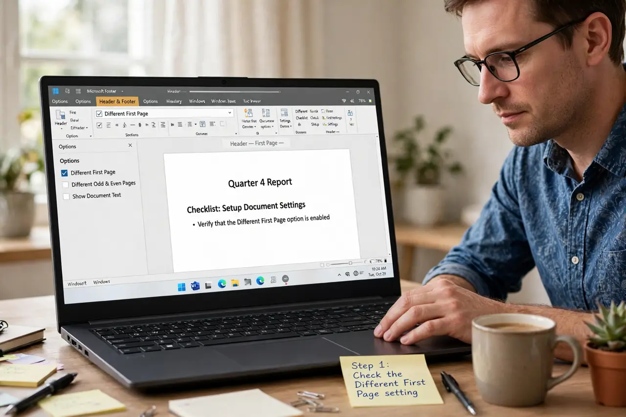Person performing step 1 of Document Header Missing on First Page? Fix It