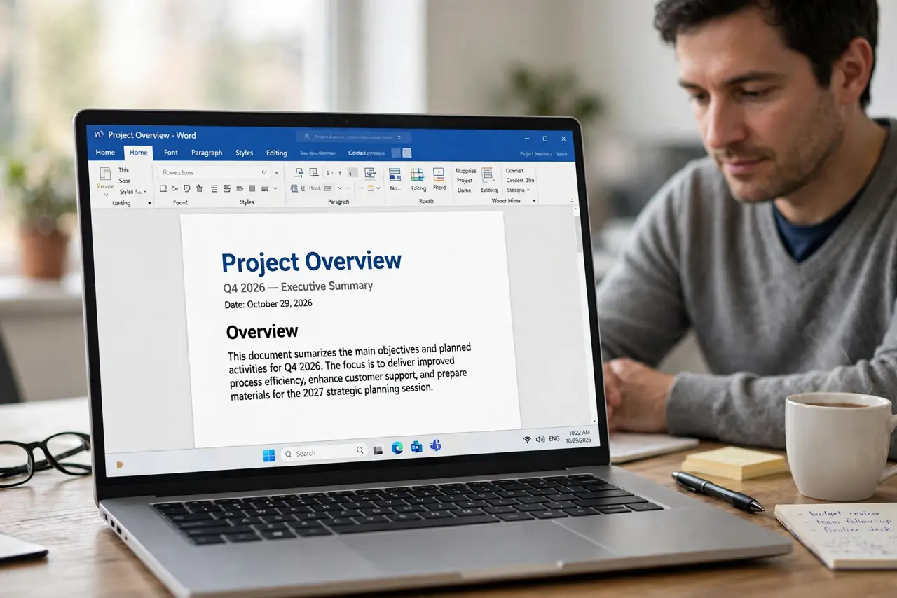 a calm adult at a desk with a real Windows laptop showing a document on the real screen with the header area of the first page visible. No black screen, no blan