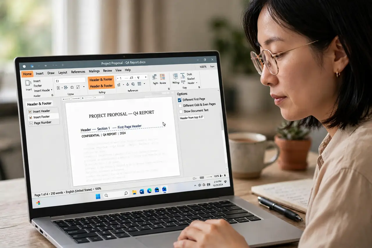 A person performing step 1 of the guide: Open the header settings. Double-click the header area or open page setup. The different first page checkbox lives in the header options.