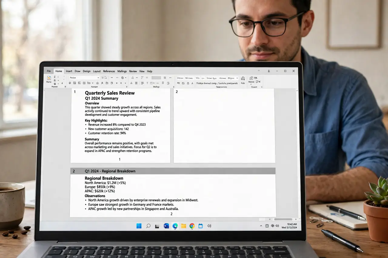 a calm adult at a desk with a real Windows laptop, the screen showing a document where the first page has no header and the second page shows one, both fully legible. No black screen, no blank white screen, no fake or...