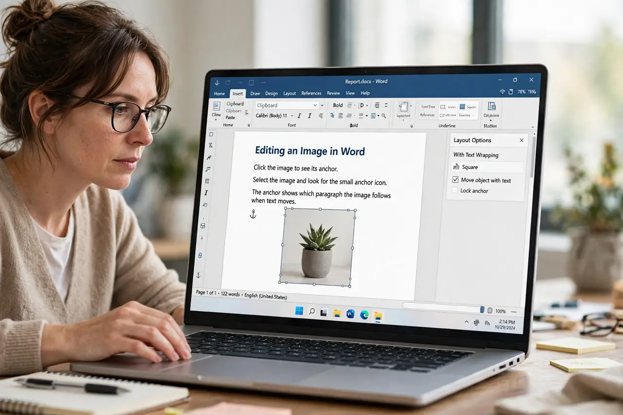 A person performing step 1 of the guide: Click the image to see its anchor. Select the image and look for the small anchor icon. The anchor shows which paragraph the image follows when text moves.