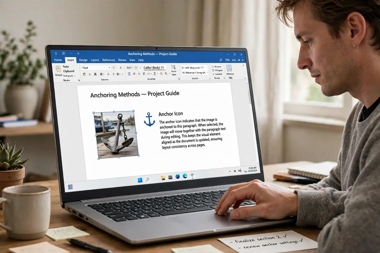 a calm adult at a desk with a real Windows laptop, the screen showing a document with an image and a fully legible anchor icon beside a paragraph, the person selecting the image. No black screen, no blank white screen...