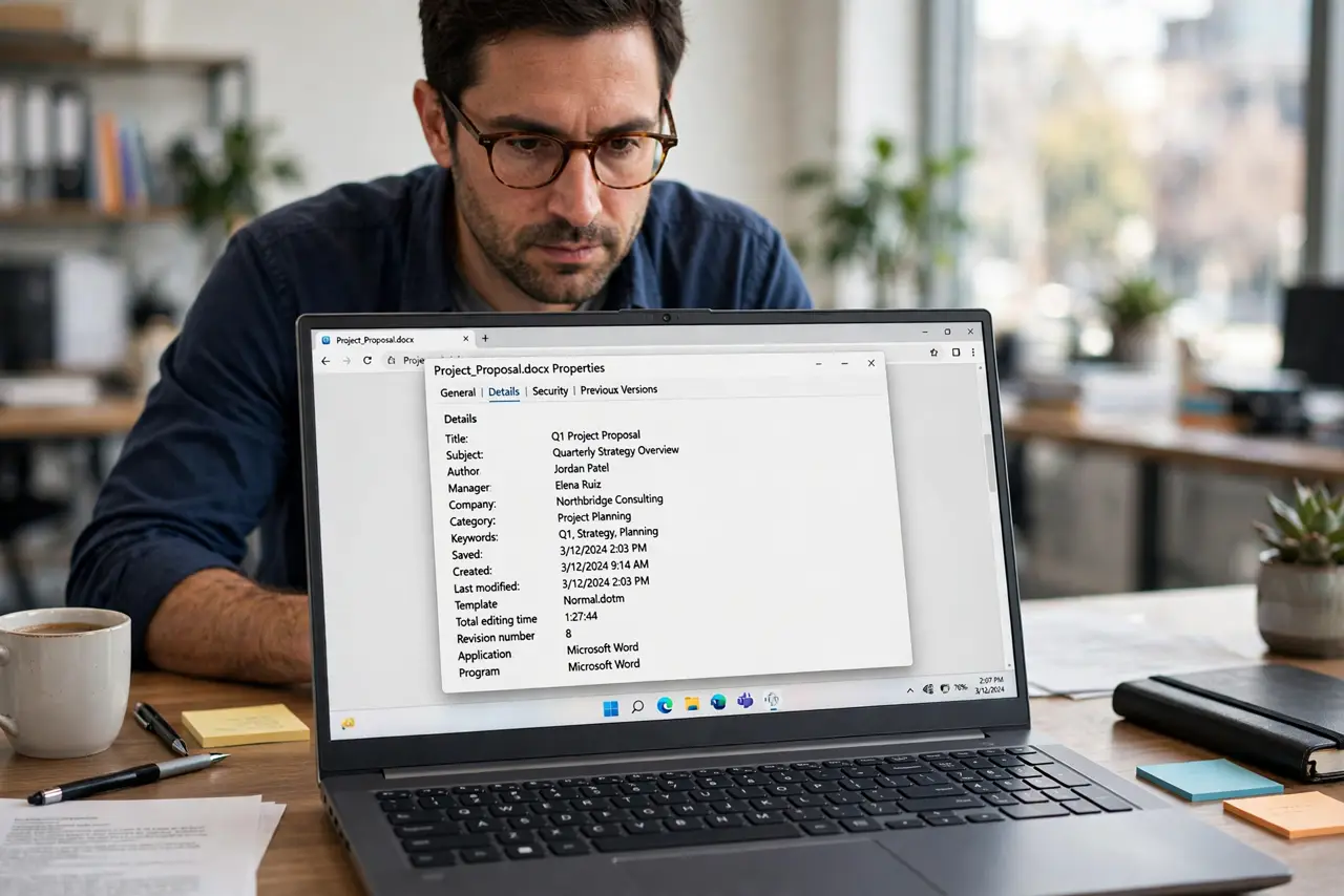 An adult at a desk looking at a real laptop showing a document properties panel with author metadata legible, the