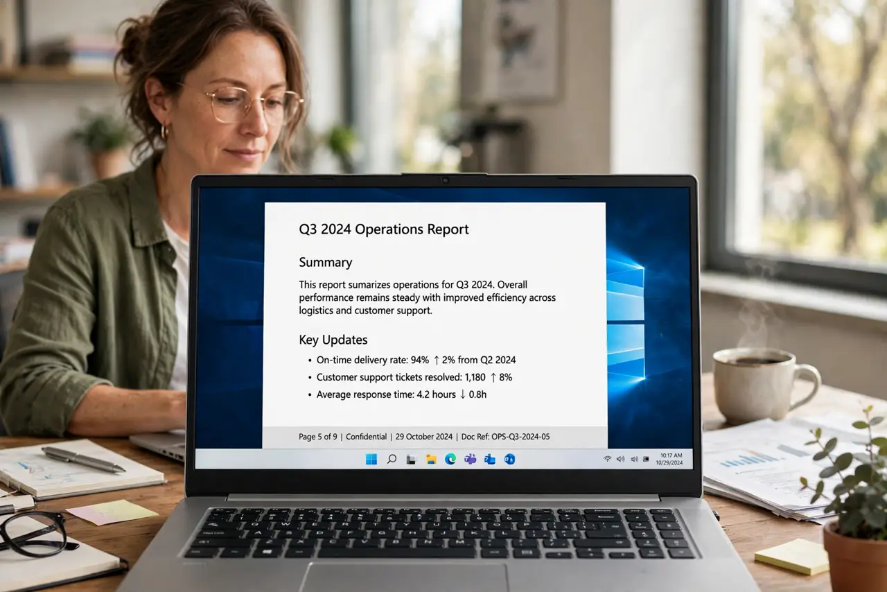a calm adult at a desk with a real Windows laptop showing a multi-page document on the real screen with page numbers visible in the footer. No black screen, no
