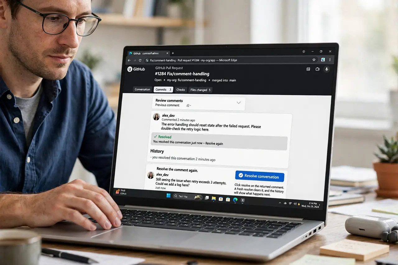 A person performing step 1 of the guide: Resolve the comment again. Click resolve on the returned comment. A fresh resolve clears it, and the history will show what happens next.