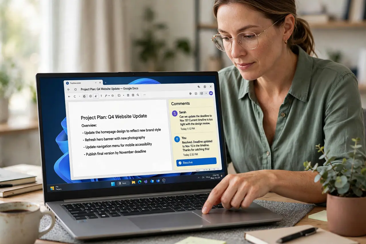 a calm adult at a desk with a real Windows laptop, the screen showing a document with a comment thread and fully legible resolve button, the person clicking it. No black screen, no blank white screen, no fake or garbl...