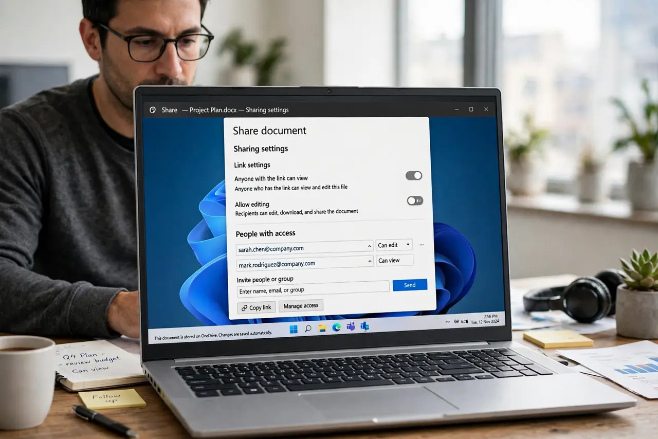 a calm adult at a desk with a real Windows laptop showing a document sharing settings screen, permission options clearly legible. No black screen, no blank whit