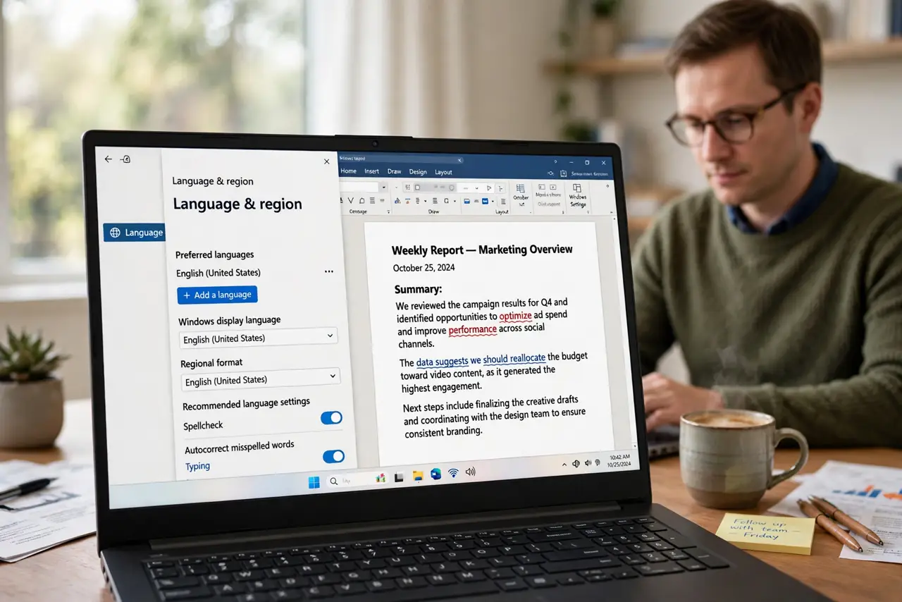 a calm adult at a desk with a real Windows laptop showing a document on the real screen with spellcheck underlines and a language setting menu visible. No black