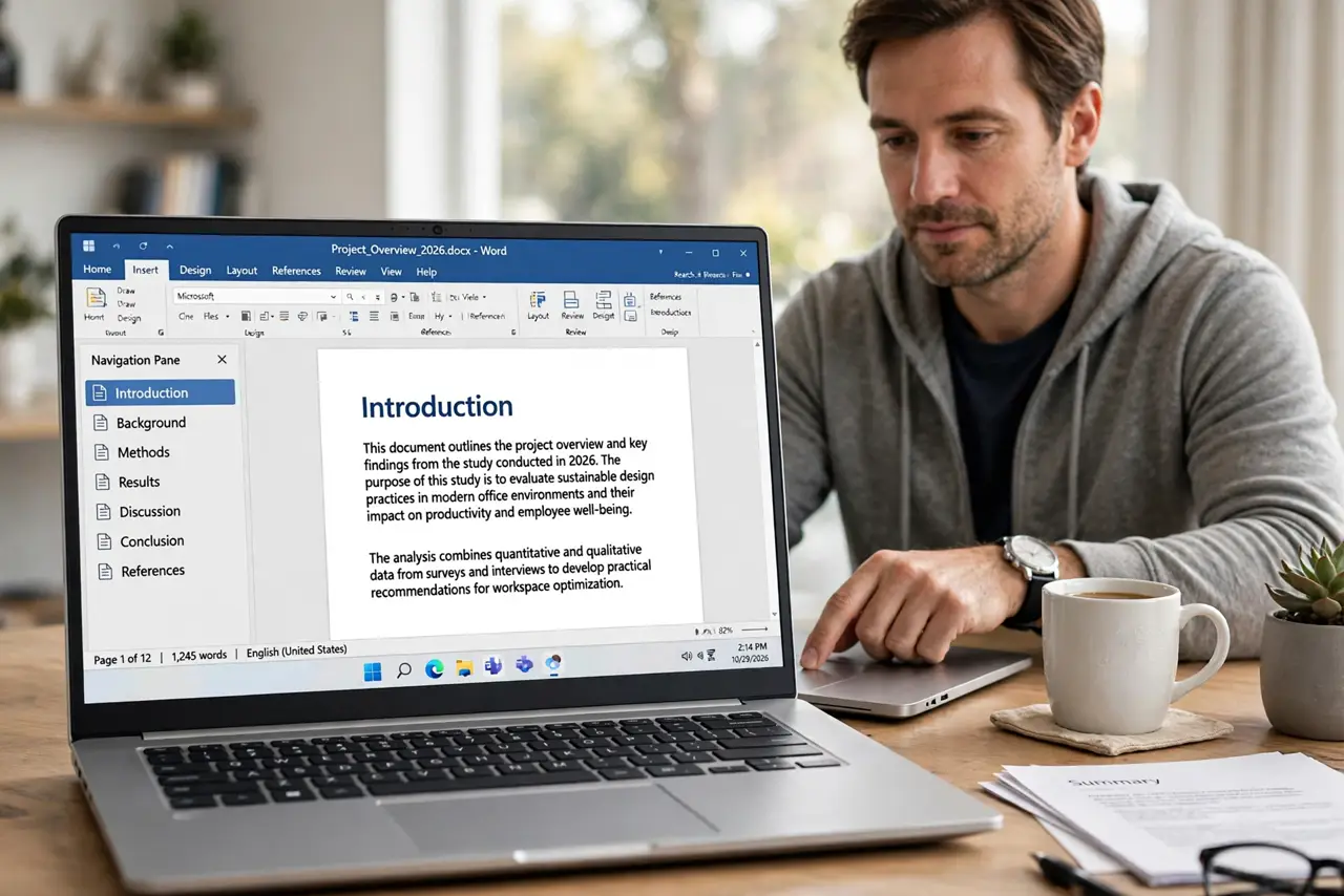 a calm adult at a desk with a real Windows laptop, the screen showing a long document with a navigation pane of fully legible headings on the side, the person clicking one. No black screen, no blank white screen, no f...
