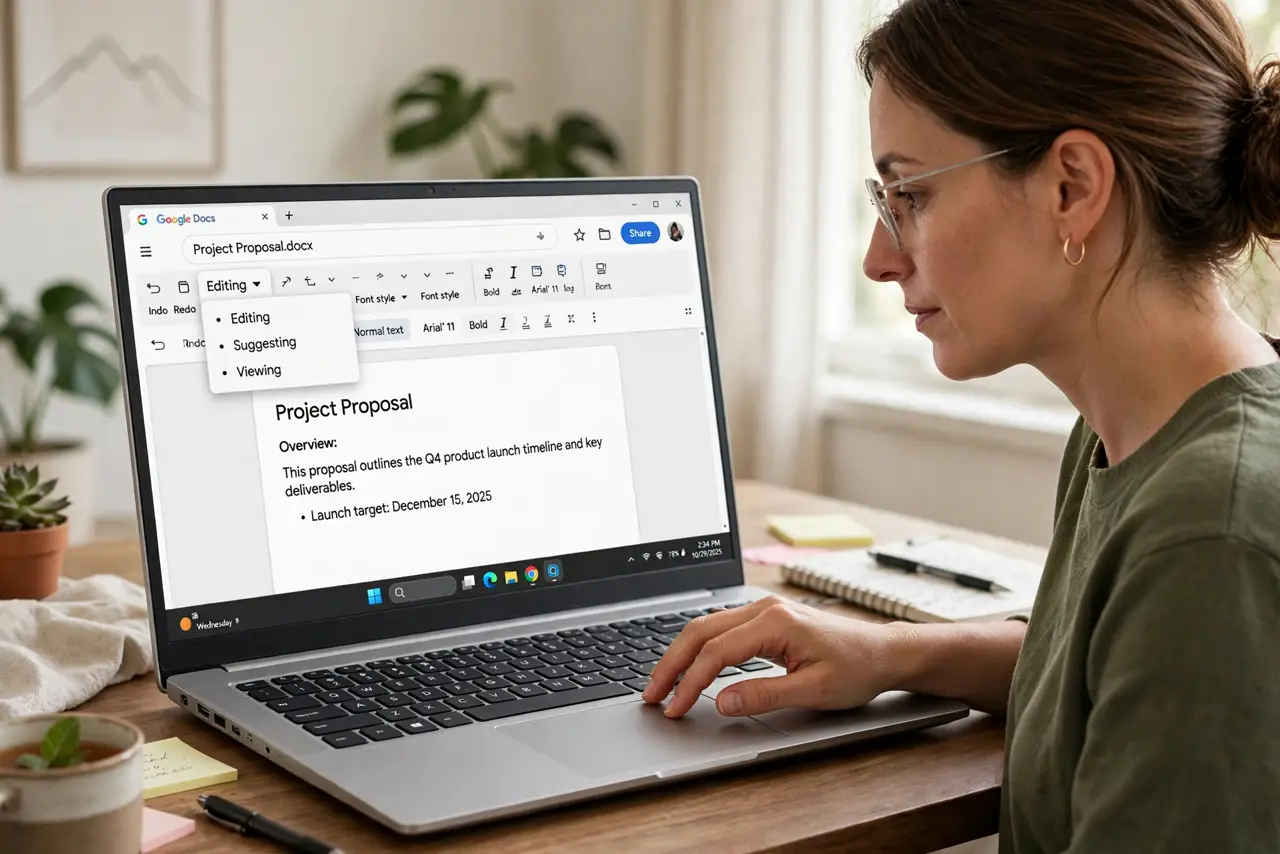 A person performing step 1 of the guide: Find the mode dropdown. Look in the toolbar for a dropdown that says Editing, Suggesting, or Viewing. That one control decides what your keystrokes do.