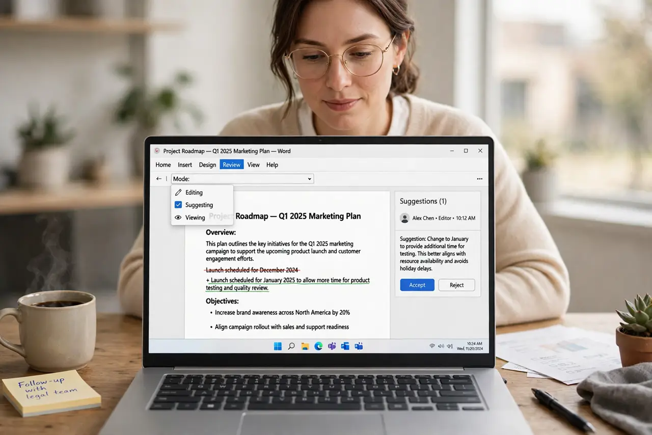 a calm adult at a desk with a real Windows laptop, the screen showing a document with colored suggestion markup and a fully legible mode dropdown, the person reviewing a suggestion. No black screen, no blank white scr...