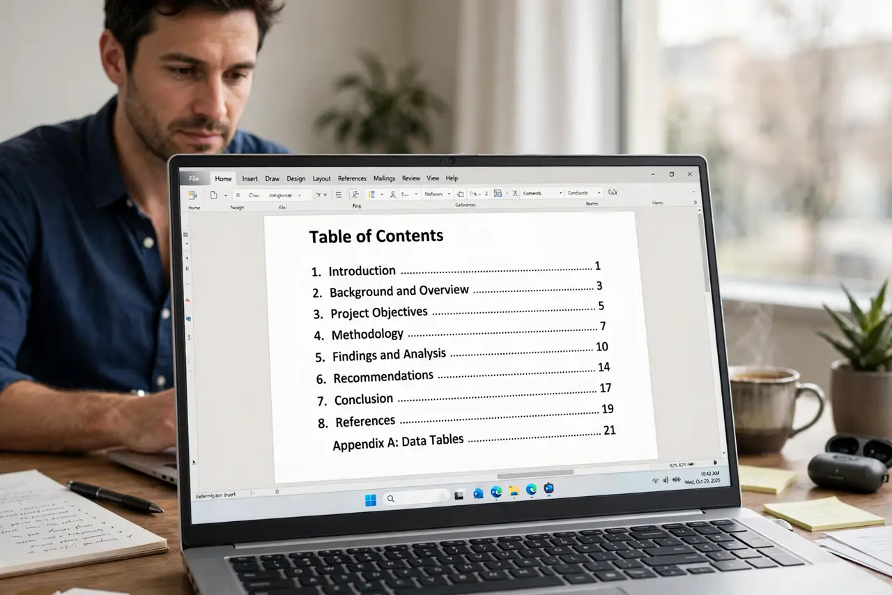 a calm adult at a desk with a real Windows laptop showing a document on the real screen with a table of contents page, entries legible. No black screen, no blan