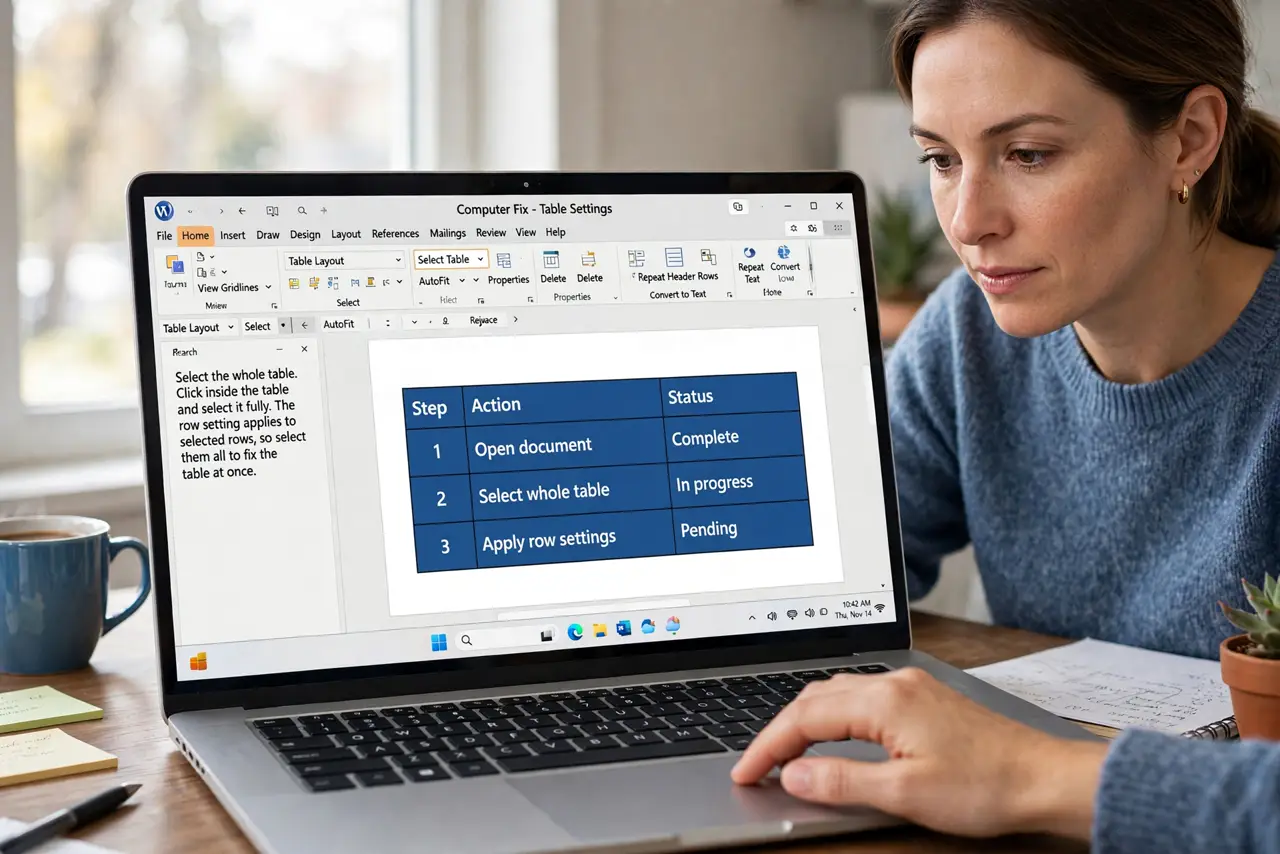 A person performing step 1 of the guide: Select the whole table. Click inside the table and select it fully. The row setting applies to selected rows, so select them all to fix the table at once.