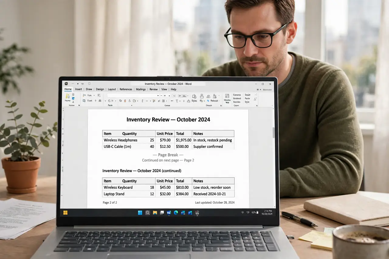 a calm adult at a desk with a real Windows laptop, the screen showing a document table split across a page break with fully legible cell text, the person inspecting it. No black screen, no blank white screen, no fake ...