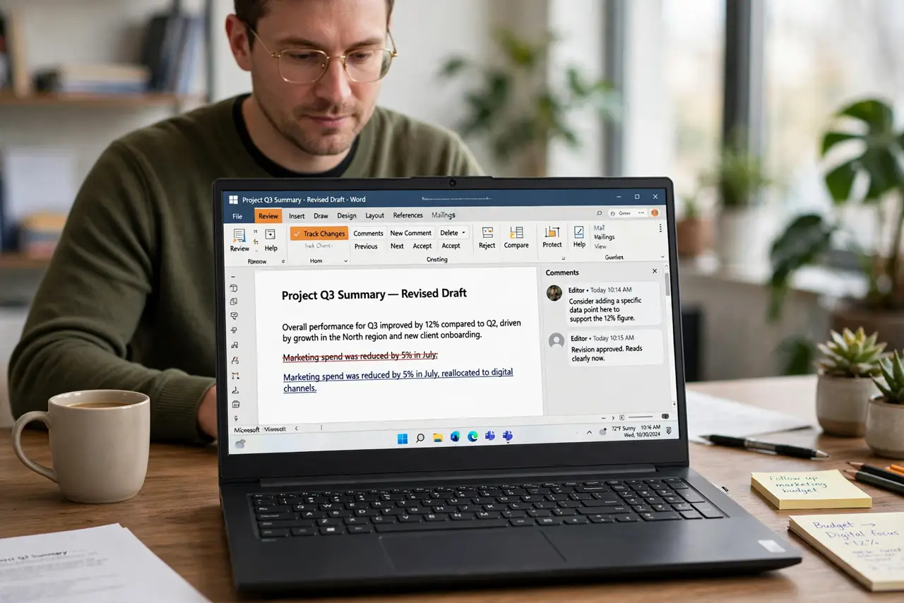 a calm adult at a desk with a real Windows laptop showing a document on the real screen with tracked edits and markup clearly legible. No black screen, no blank