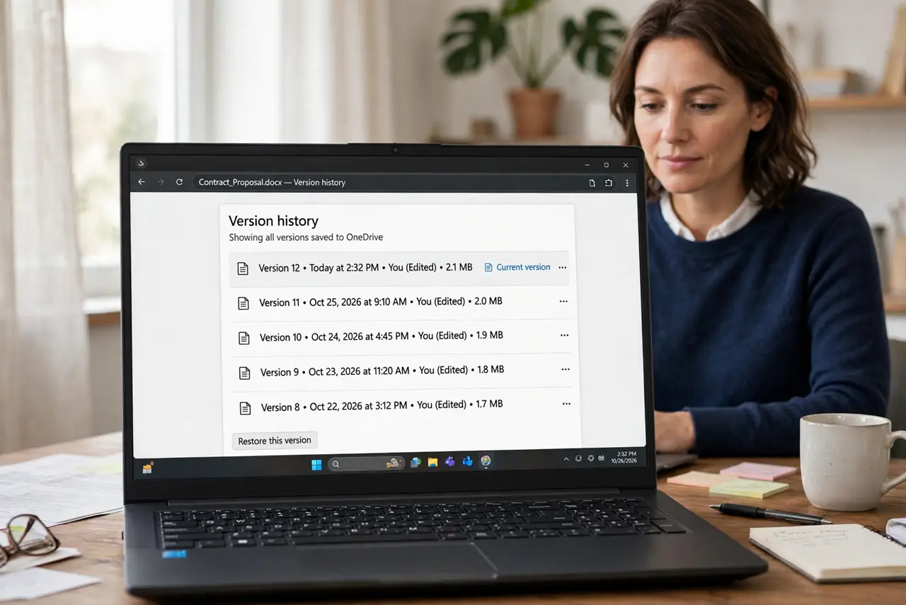 a calm adult at a desk with a real Windows laptop showing a document version history list on the real screen, dates and versions legible. No black screen, no bl