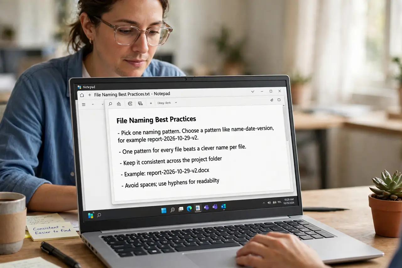 A person performing step 1 of the guide: Pick one naming pattern. Choose a pattern like name-date-version, for example report-2026-10-29-v2. One pattern for every file beats a clever name per file.