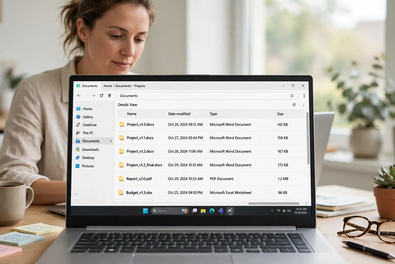 a calm adult at a desk with a real Windows laptop, the screen showing a file list with clean version names and fully legible dates, the person organizing them. No black screen, no blank white screen, no fake or garble...