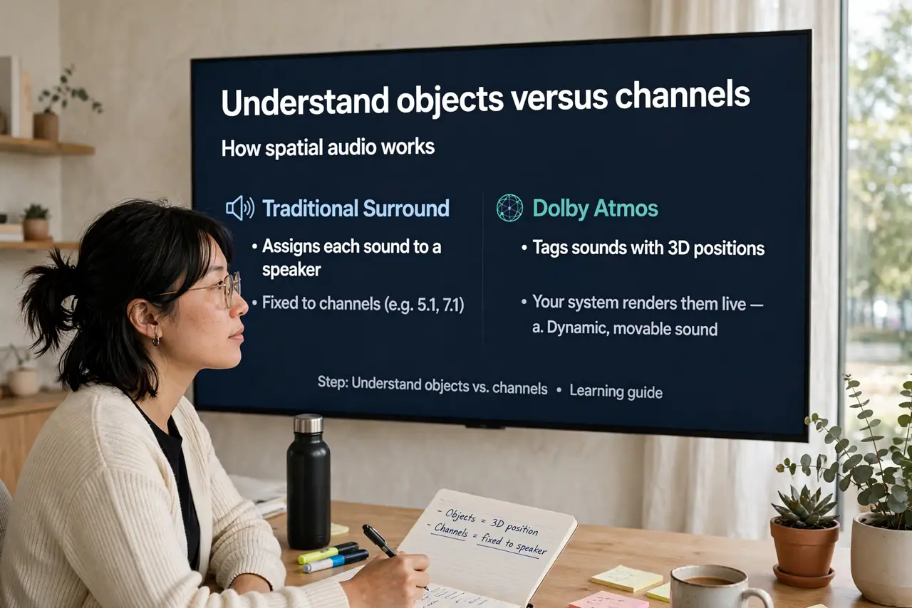 A person performing the guide's first step: Understand objects versus channels. Traditional surround assigns each sound to a speaker. Atmos tags sounds with 3D positions and your…