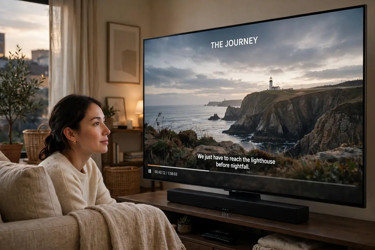 A person in a living room watching a real TV showing a legible movie scene with a real soundbar below it, the person's face immersed, evening with warm light..