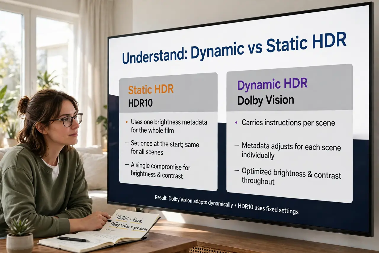 A person performing the guide's first step: Understand dynamic versus static HDR. HDR10 uses one set of brightness instructions for the whole film — a compromise. Dolby Vision carries…