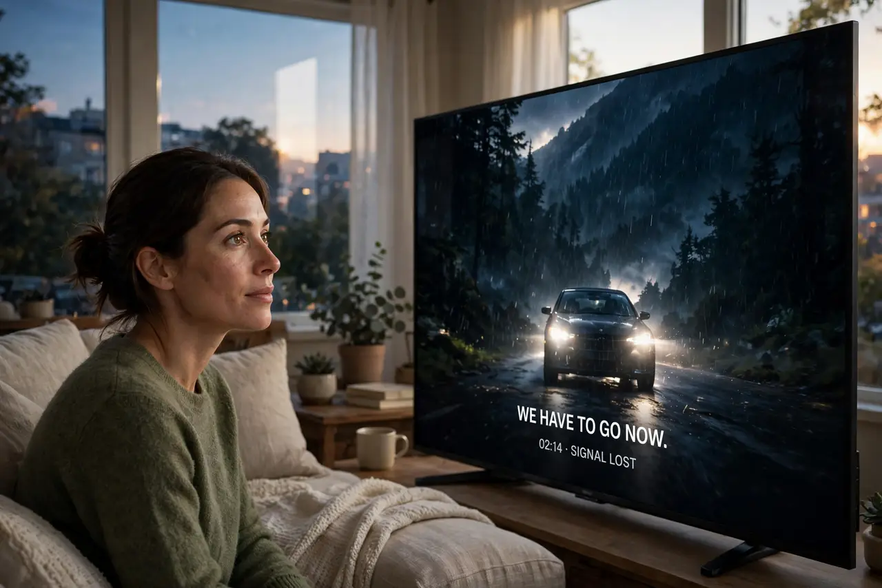 A person in a living room watching a real TV showing a legible dark movie scene with bright highlights, the person's face impressed, evening with dim light..