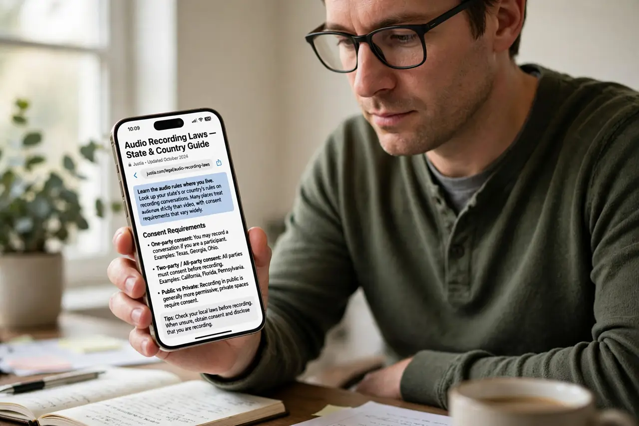A person performing step 1 of the guide: Learn the audio rules where you live. Look up your state or country's rules on recording conversations. Many places treat audio more...